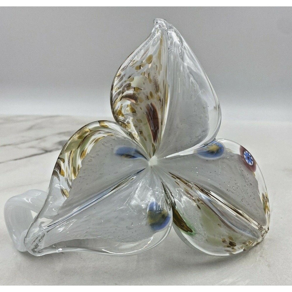 Murano Style Art Glass Flower Figurine Millefiori Gold Fleck White Coiled Stem